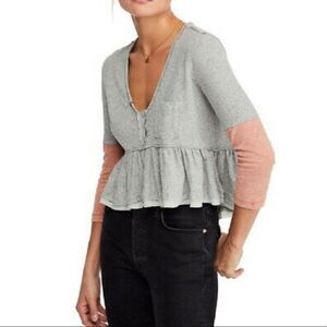 Free People Baby Doll Top Gray Orange /Peach Large V Neck Pocket Cotton